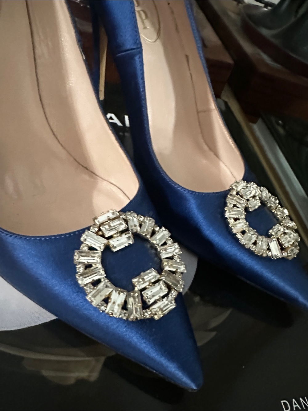 SJP by Sarah Jessica Parker Navy Satin Pointed Toe Pumps with Crystal Buckle - Picture 9 of 11
